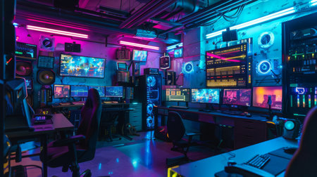 High-Tech Gaming Room With Multiple Computers and Monitorsの素材