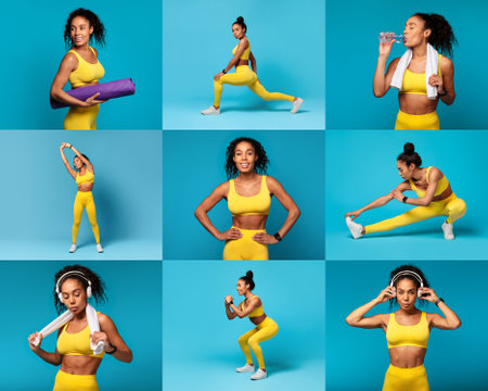 A woman engages in various fitness activities against a vibrant blue backgroundの写真素材