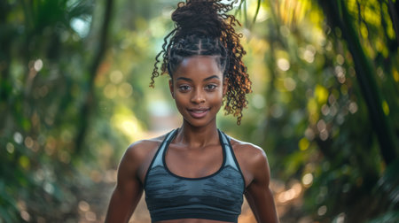 Woman With Dreadlocks Standing in Woodsの素材