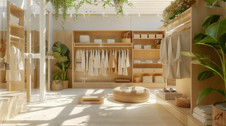 Modern Boutique Interior With Natural Light and Wooden Shelvesの素材