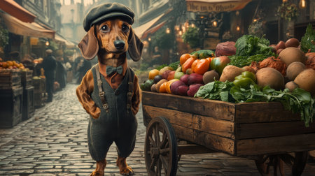 A whimsical dachshund in vintage attire stands proudly by a cart filled with fresh produceの素材