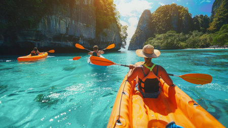 Group of People Riding Kayaks Down a Riverの素材