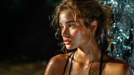 Young Woman Standing Under Water Fountainの素材