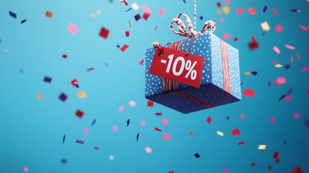 A blue gift box with a 10 percent off tag hangs in the air surrounded by confettiの素材