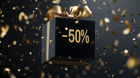 Black gift box with golden ribbon and confetti celebrating 50 percent discount during saleの素材