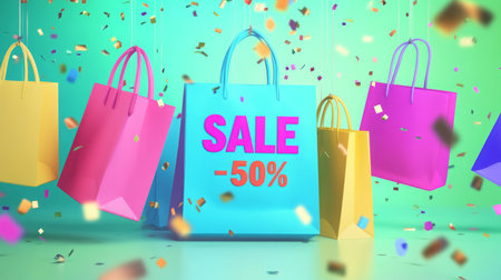 Colorful shopping bags with confetti falling on a turquoise backgroundの素材