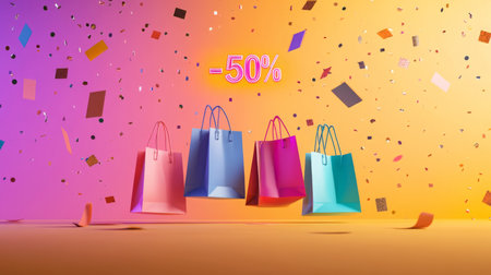 Colorful shopping bags with a discount in a festive atmosphere of confettiの素材