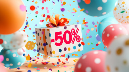Colorful gift box with a 50 percent discount surrounded by confetti and party balloonsの素材