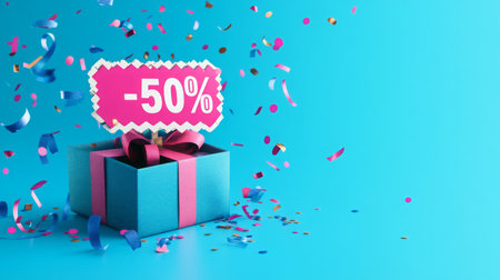 A stylish gift box with a vibrant pink and blue design sits on a bright blue surfaceの素材