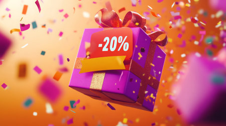A purple gift box with a 20 off tag floats against an orange background with confettiの素材