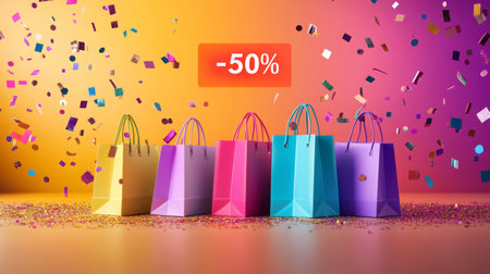 Colorful shopping bags with a 50 percent discount sign amidst vibrant confetti celebrationの素材