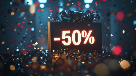 A black gift box with a red 50 percent sign sits in a shower of confettiの素材
