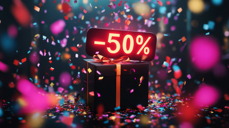 Celebratory gift box with a 50 percent discount surrounded by colorful confettiの素材
