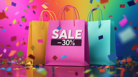 Colorful shopping bags promoting a 30 percent sale surrounded by confetti in a festive atmosphereの素材