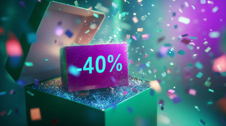 Sparkling gift box reveals 40 percent off discount with colorful confetti celebrationの素材