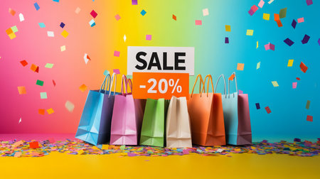 Colorful shopping bags with sale sign and confetti in a festive settingの素材