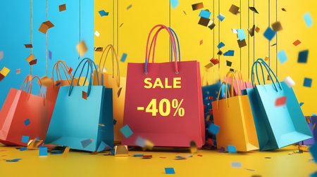 Colorful shopping bags celebrating a big sale event with confetti on a vibrant backgroundの素材