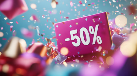 A pink sign with 50 percent off is surrounded by confettiの素材