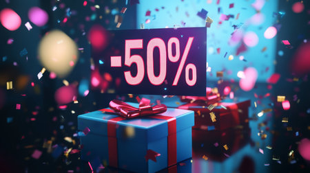 Festive celebration with gift boxes and confetti showcasing a 50 percent discount offerの素材