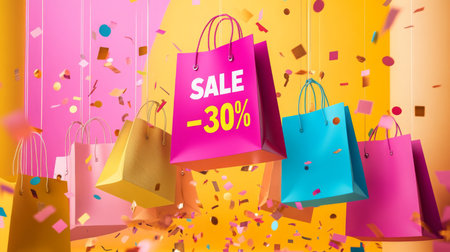 Colorful shopping bags hang against a yellow and pink backgroundの素材