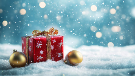 A red gift box with a gold ribbon and white snowflake pattern sits in the snowの素材