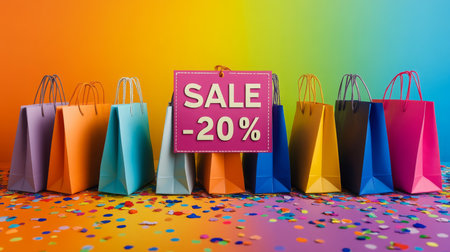 Colorful shopping bags sit on confetti with a sign that reads Sale 20 percentの素材