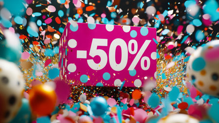 Celebrate a big sale with colorful confetti and a discount sign showing fifty percent offの素材