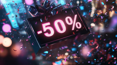 A gift box with a 50 sign is surrounded by confettiの素材