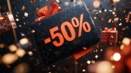 A gift box with a 50 percent off sign falls through the air, surrounded by confettiの素材