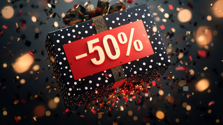 Celebratory gift box with 50 discount tag amidst colorful confetti for festive occasionsの素材