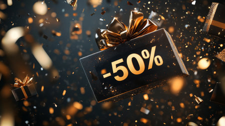 Promotional gift box with a 50 percent discount floating in a festive atmosphereの素材
