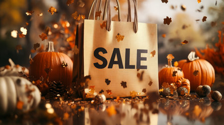 Autumn sale shopping bag surrounded by pumpkins and falling leaves in a seasonal settingの素材