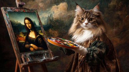 A cat dressed as an artist painting a masterpiece in a studio with a classic backgroundの素材