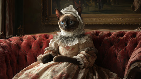 A regal cat dressed in vintage attire sits elegantly on antique couch in classic settingの素材