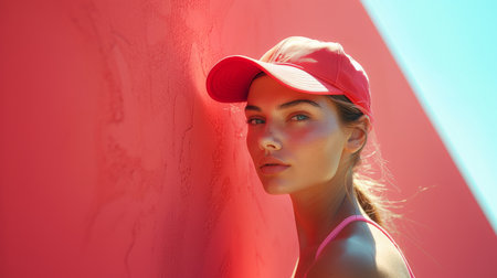 Woman in Red Hat Leaning Against Pink Wallの素材