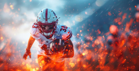 Fierce American Football Player in Full Sprint During a Gameの素材