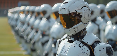 Group of White Robots Standing in Lineの素材