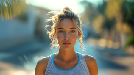 Serene Young Woman Enjoying a Sunset in a Coastal Townの素材