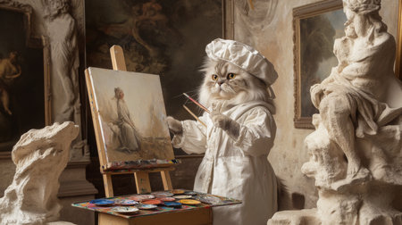 A cat dressed as a painter holds a brush and paints a canvas in a studioの素材