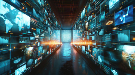 A Network of TV Screens in a Spacious Hallwayの素材