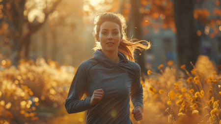 Woman Running Through Field of Yellow Flowersの素材