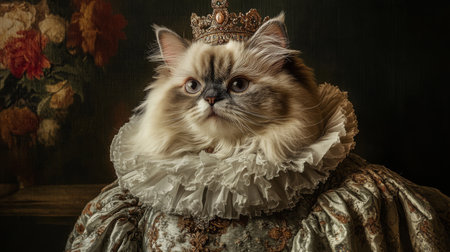 Regal cat wearing an elaborate ruffled collar and crown in a classic art settingの素材