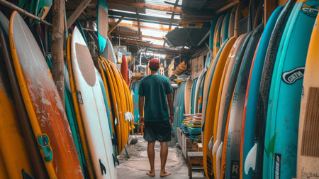 Man Standing in Room Full of Surfboardsの素材
