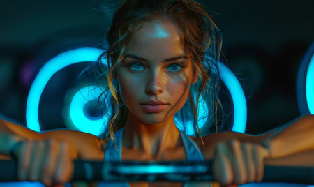 Young Woman Riding Stationary Exercise Bikeの素材