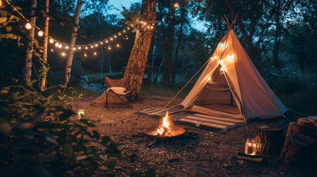 Tent Illuminated in Forest at Nightの素材