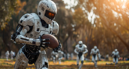 Futuristic Robot Playing American Football at Sunsetの素材