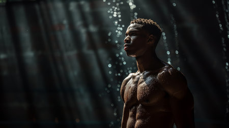 Shirtless Man Standing in Water Showerの素材