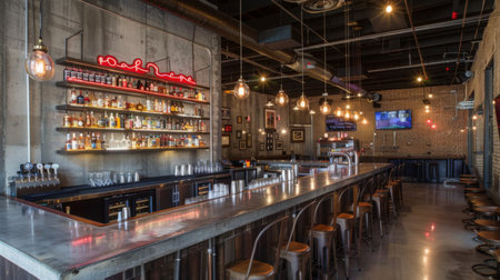 Modern Urban Bar With Neon Sign and Empty Counter at Nightの素材