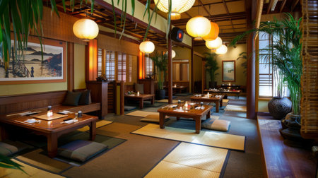 Traditional Japanese Restaurant With Tatami Seating in Eveningの素材