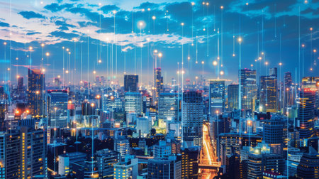 Dusk View of Urban Skyline With Illuminated Skyscrapersの素材